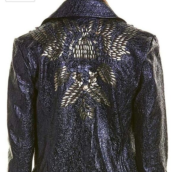 ELIE TAHARI WOMENS MAE LAMB LEATHER METALLIC Moto jacket size XL NEW $1798 MSRP - Picture 5 of 16